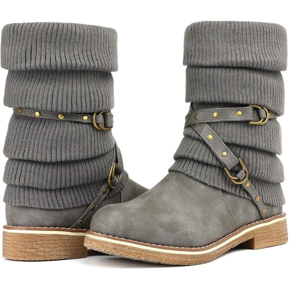 Women's Grey Faux Fur Mid Calf Fashion Winter Snow Boots Rubber Outsole - Picture 2 of 7